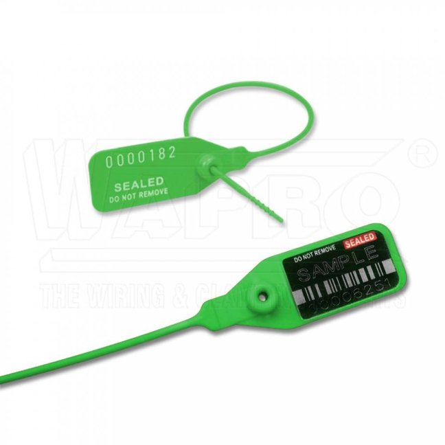 [S-AFRT-2-280-05]  plastová bezpečnostní plomba AFRODITE SEAL 2 se štítkem 40 x 22 mm, s kovovou bezpečnostní kleštinou, ø 2 mm, d.285 mm, polypropylen, termotransferový potisk, postupné číslování, zelená