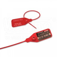 [S-AFRT-2-280-02]  plastová bezpečnostní plomba AFRODITE SEAL 2 se štítkem 40 x 22 mm, s kovovou bezpečnostní kleštinou, ø 2 mm, d.285 mm, polypropylen, termotransferový potisk, postupné číslování, červená