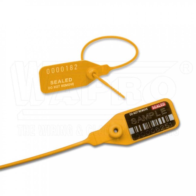 [S-AFRT-3-380-04]  plastová bezpečnostní plomba AFRODITE SEAL 3 se štítkem 40 x 22 mm, s kovovou bezpečnostní kleštinou, ø 2 mm, d.385 mm, polypropylen, termotransferový potisk, postupné číslování, žlutá
