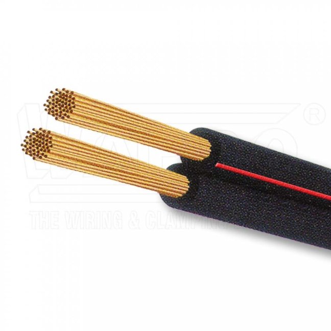 [V03VH-H-2x0.75-BK/RD-1 (C-R)]  flexibilní Cu kabel dvoužílový plochý; jednoduchá PVC izolace; CYH; černý s rudým pruhem; kruh 100m