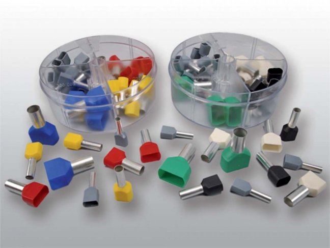 [DUI-BOX1-GER]  praktický plastový box s dutinkami Cu s izolací PP (polypropylen), 50x 0,50 mm², 100x 0,75 mm², 100x 1,0 mm², 100x 1,5 mm², 50x 2,5 mm² (d: 8 mm), II.Ger