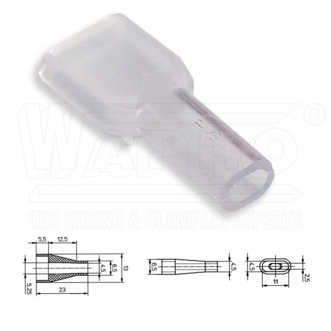 [KRT21-63-PVC-CL]  kryt pro lisovací konektor kolík š. 6,3 mm, měkčené PVC (vinyl), ø kabel. otvoru: 2,5 / 4,5 mm, čirá