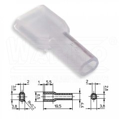 [KRT2-28-PVC-CL]  kryt pro lisovací konektor objímku plochou š. 2,8 mm, měkčené PVC (vinyl), ø kabel. otvoru: 2 / 2,8 mm, čirá