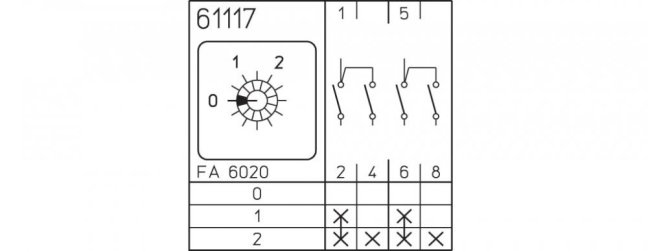 [M220-61117-076M1]  vačkový spínač / 20 A / skupinový spínač  0-1-2 /  (2 skupiny) /  2-pól.