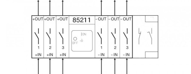 [D211-85211-232M4]  výkonový odpínač pro stejnosměrný proud / 10 A / O-I /  2-pól. DC /  3 obvody + pomocné kontakty (1 spínací se zpožděním+1 rozpínací) /  90°