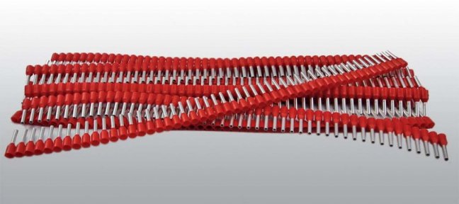 [DUIP-1.5-8 tmr]  kabelové lisovací dutinky Cu s izolací PP (polypropylen) v pásech (10 x 50 ks), 1,5 mm² / 8 mm, tmavě červená, (II. Ger), N