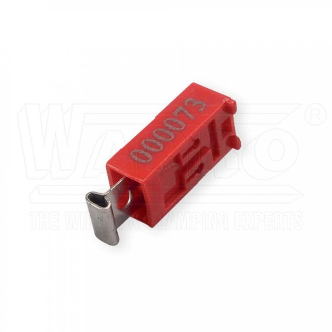 [S-OPTP-1-F]  zamačkávací plomba OPTIPRES SEAL bez drátu, š. 9 mm, d. 13 mm, v. 27 mm, posloupné číslování + název firmy (ražba za horka)